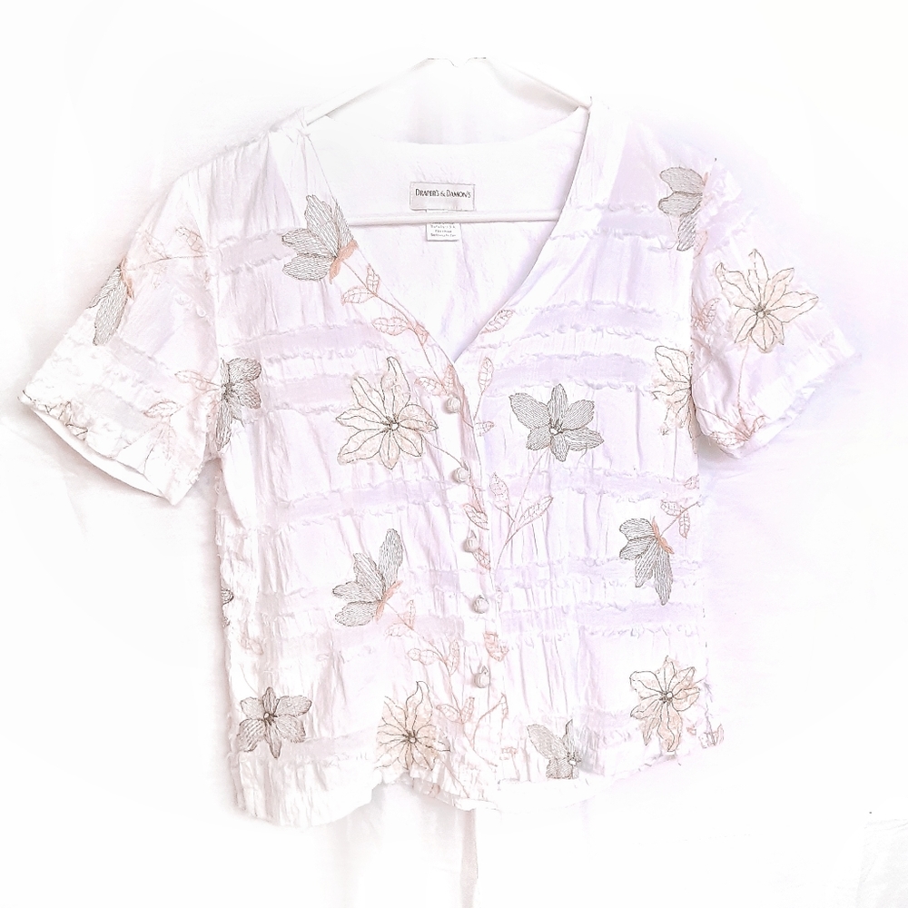 VTG DRAPER'S & DAMON'S PETITES Floral Tropical Gauzy Embroidered Button Top PS